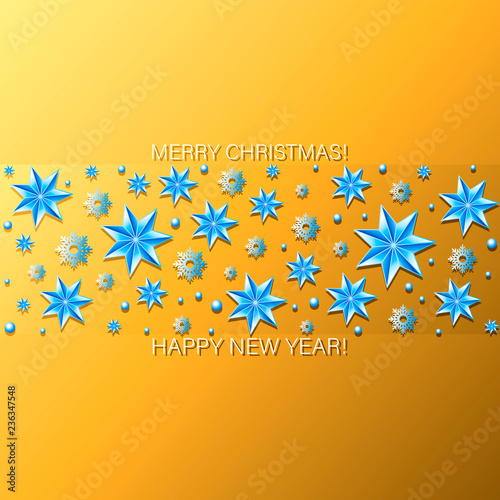 Yellow festive background with a strip of snowflakes, beads and Christmas stars. Bright Christmas Card. Merry Christmas! HAPPY NEW YEAR!