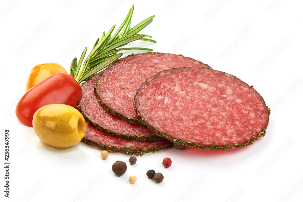 Salami sliced. Raw smoked sausage slices with herbs and spices, isolated on a white background. Close-up.