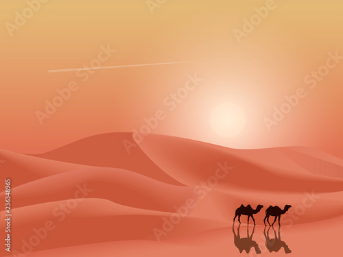 Sunset desert dunes with camels landscape background. Flat Simple minimalism vector illustration.