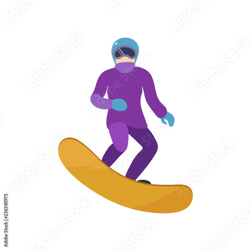 Young girl is riding a snowboard in stylish bright clothes.