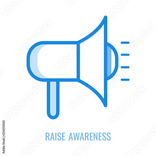 Raise awareness line icon - blue outline symbol of loudspeaker for spread of useful information isolated on white background. Vector illustration of megaphone to convey information to people.