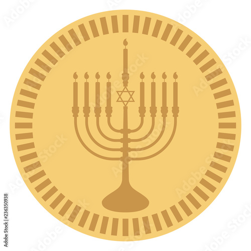 Hanukkah Gelt - Chocolate coin wrapped in gold menorah design often given to Jewish children during Hanukkah