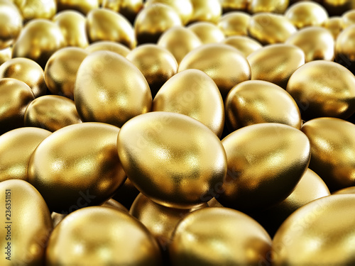 Stack of shiny golden eggs. 3D illustration