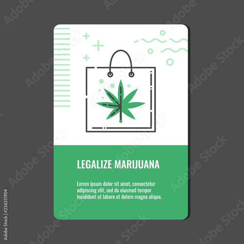 Legalize marijuana vertical banner with line icon of shopping bag with cannabis leaf - isolated vector illustration for marihuana legalization, consumption and legal trade concept.