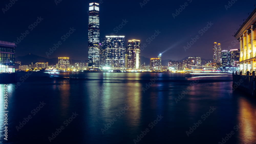 Night view of the Hong Kong skyline from the bay timelapse