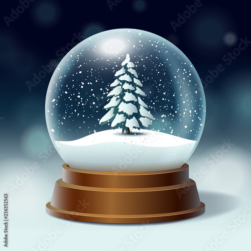 Crystal ball, snowball with snowy Christmas tree, spruce inside, falling snow, realistic holiday decoration, vector illustration photo