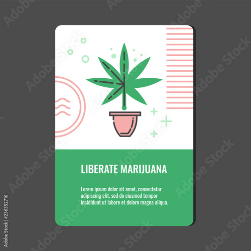 Liberate marijuana vertical banner with line icon of sativa growing in pot - isolated vector illustration of cannabis leaf in flowerpot for marihuana legalization concept.