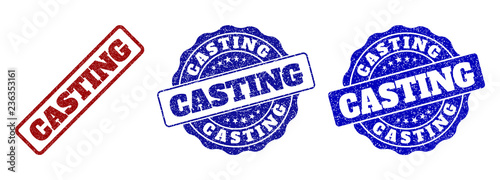 CASTING grunge stamp seals in red and blue colors. Vector CASTING watermarks with grunge effect. Graphic elements are rounded rectangles, rosettes, circles and text labels.