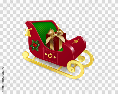 Christmas Santa Claus sleigh with skids decorated with holly plant, ornament, bells with red gift box with bow. Realistic Vector Illustration in traditional colors isolated on transparent background.