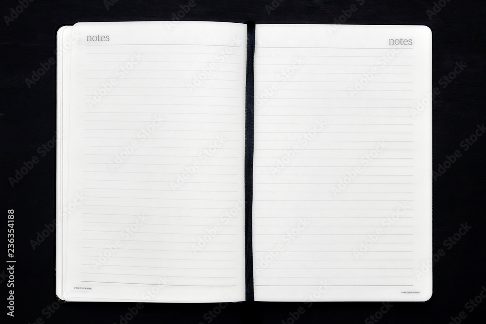 Office black table. Mockup notebook empty, brochure, diary, business portfolio mockup design template on black background. top view, copy Office black table. Mockup notebook empty, brochure, diary, business portfolio mockup design template on black background. top view, copy