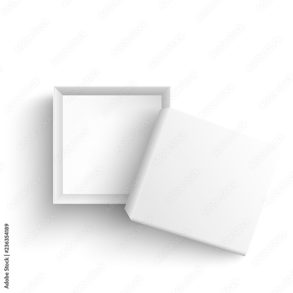 White empty present box view top. Vector opened surprise package for christmas, birthday celebration design. Boxing day, black friday discounts banners element, isolated background illustration White empty present box view top. Vector opened surprise package for christmas, birthday celebration design. Boxing day, black friday discounts banners element, isolated background illustration