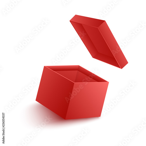 Vector illustration of open empty red paper box with flying cover in realistic 3d style isolated on white background. Template of carton package for surprise and giving gift concept.
