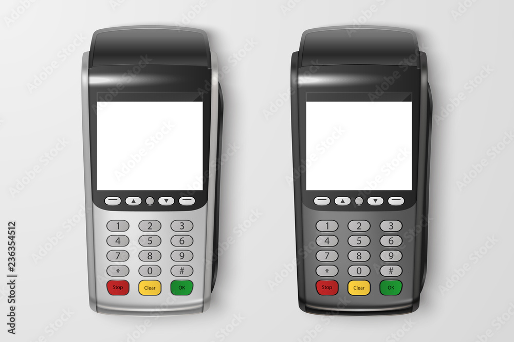 Vector Realistic 3d Payment Machine set. POS Terminal Closeup Isolated on Transparency Grid Background. Design Template of Bank Payment Terminal, Mockup. Processing NFC payments device. Top View Vector Realistic 3d Payment Machine set. POS Terminal Closeup Isolated on Transparency Grid Background. Design Template of Bank Payment Terminal, Mockup. Processing NFC payments device. Top View