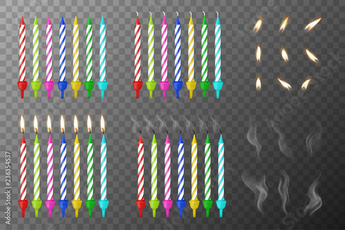 Vector 3d Realistic Different Birthday Party Colofful Wax Paraffin Whole, Burning and Extinguished Cake Candle Set with Flame, Smoke of a Candle Closeup isolated on Transparency Grid. Design Template