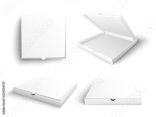 White blank pizza box mock up vector illustration set in realistic style isolated on white background - empty open and closed carton packages for pizzeria or restaurant branding and advertising.