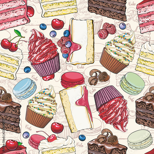 Cakes and cookies seamless pattern in sketch style - beautiful background with hand drawn bakery product with fruits and berries. Bright colorful texture with sweet desserts.