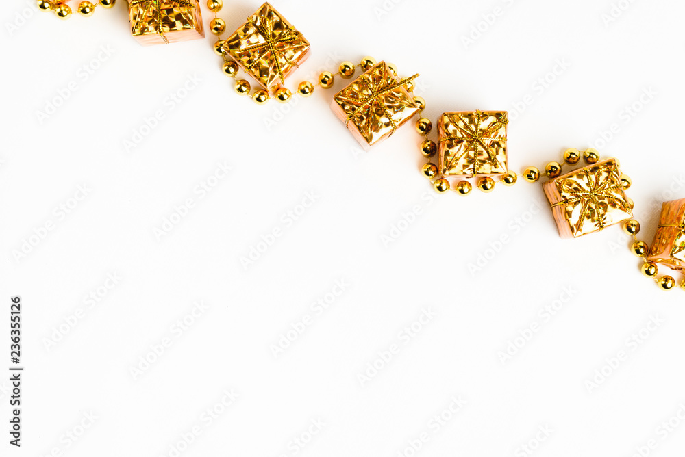 Christmas background. Mockup christmas. Top view and gold christmas items