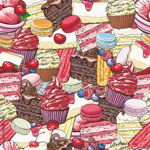 Cakes and cookies seamless pattern in sketch style. Beautiful background with hand drawn desserts with fruits and berries - bright colorful texture with sweet bakery products.