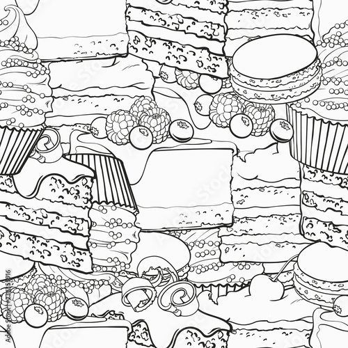 Sweet baked desserts outline seamless pattern in sketch style - black and white background with hand drawn line cookies, pies and cakes with fruits and berries. Texture with confectionery products.