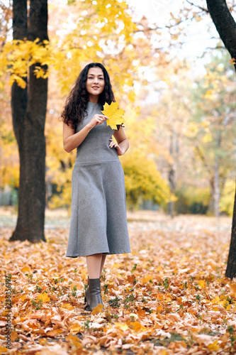 Beautiful woman with yellow leaves posing in autumn city park.