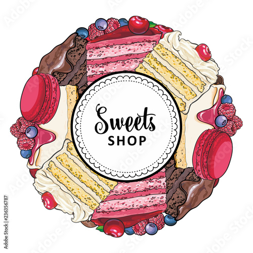 Sweets shop banner with cakes and cookies decorated with berries collected in round shape isolated on white background - vector illustration of hand drawn baked confectionery products.