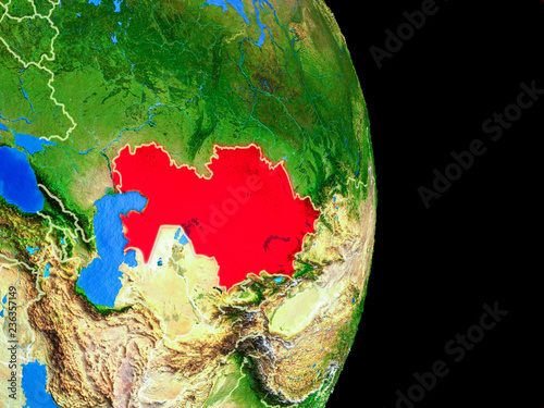 Kazakhstan on realistic model of planet Earth with country borders and very detailed planet surface. © harvepino