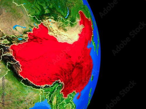 China on realistic model of planet Earth with country borders and very detailed planet surface.