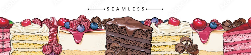 Cakes and pies horizontal seamless border pattern in sketch style - beautiful frame with hand drawn bakery product with fruits and berries. Vector illustration of bright footer with sweet desserts.