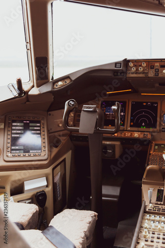 IstInside of a cockpit. View of an aircraft cockpit. Interior of a cockpit. Pilot place in an airplane. 