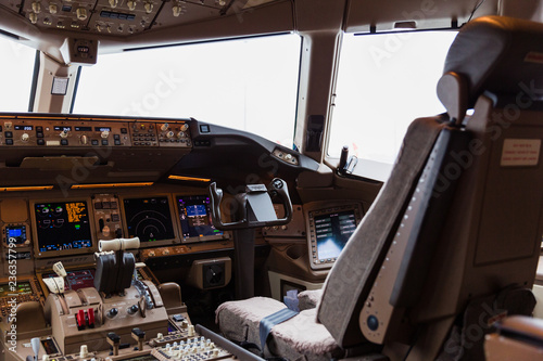 Inside of a cockpit, aircraft interior, cockpit view, pilot place, cockpit windows