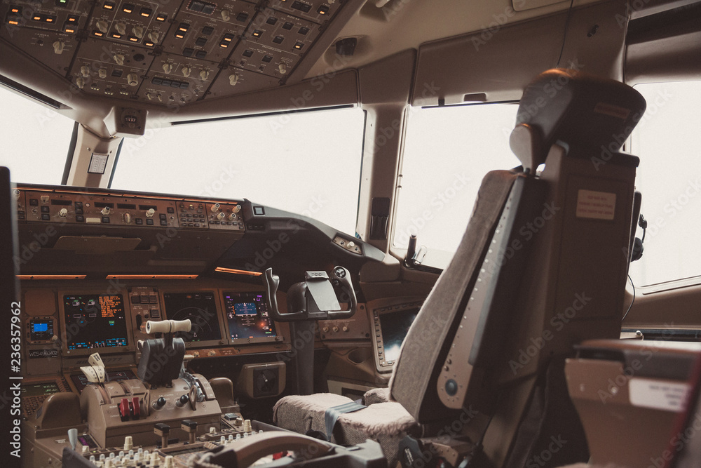 Inside of a cockpit, aircraft interior, cockpit view, pilot place ...