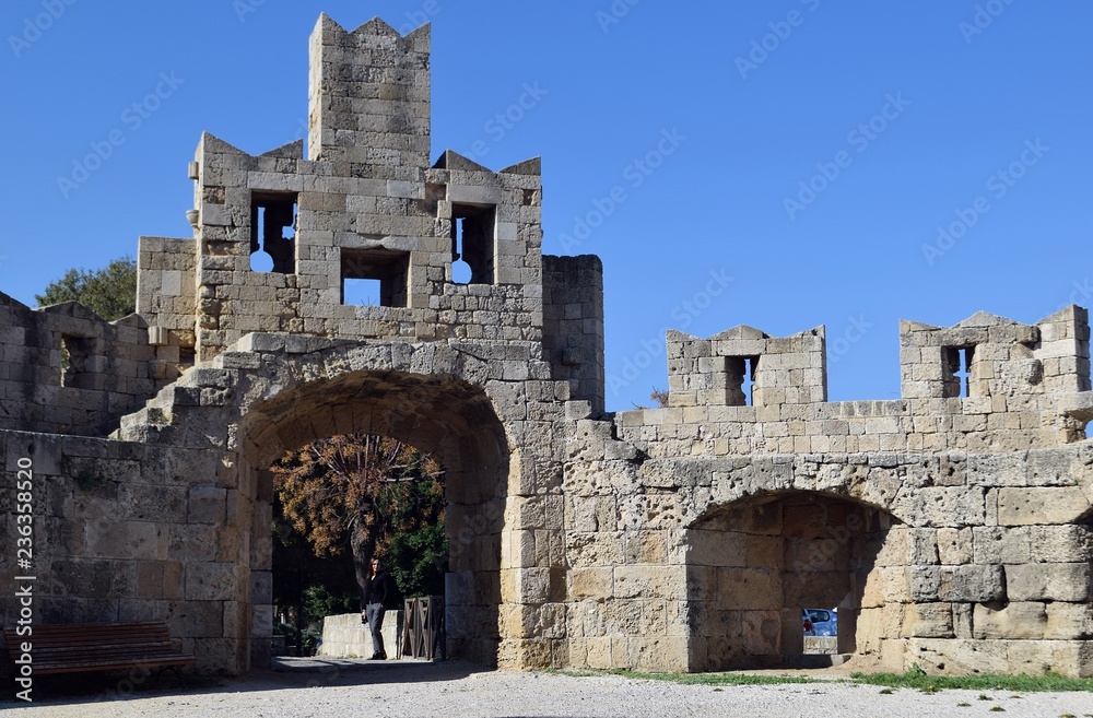 Ruins of a Catholic. Italian ancient architecture. Rhodes. Greece.