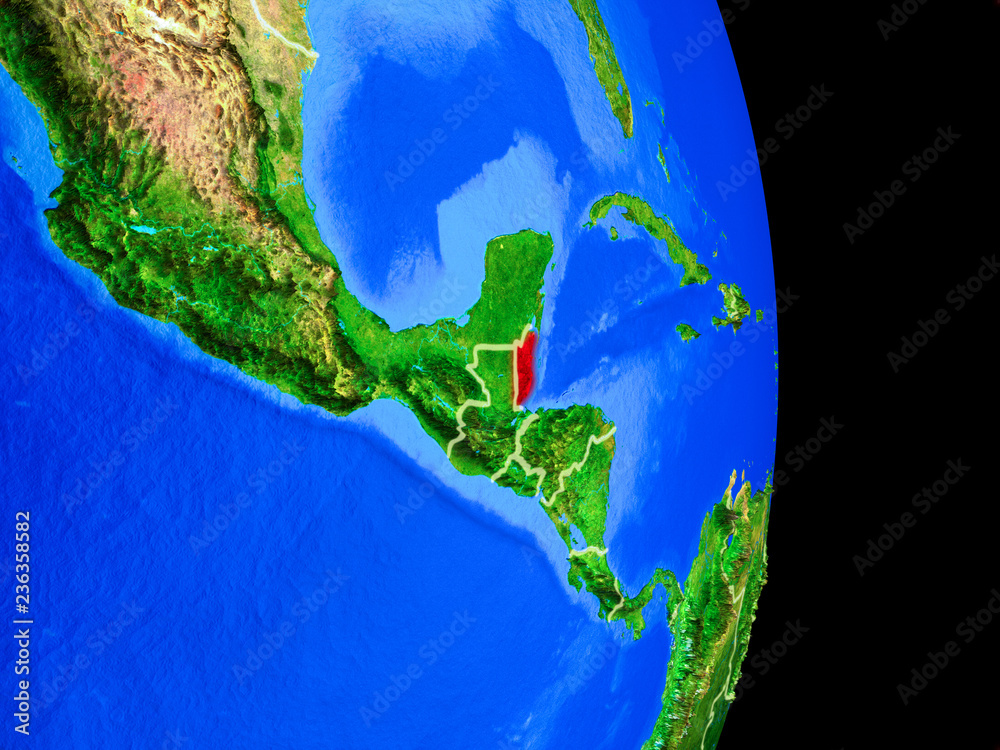 Fototapeta premium Belize on realistic model of planet Earth with country borders and very detailed planet surface.