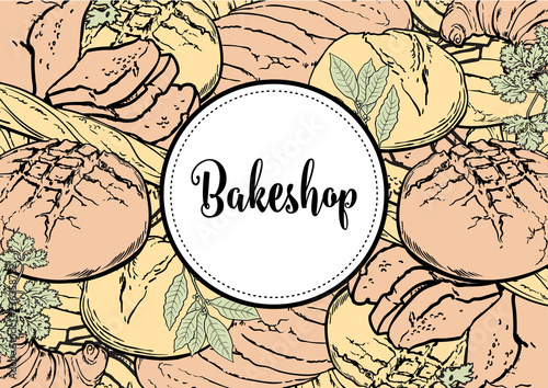 Vector illustration of bakeshop horizontal banner or menu cover with pastel colored hand drawn bread, croissants and green spices - fresh flour pastry products for bakery shop design.