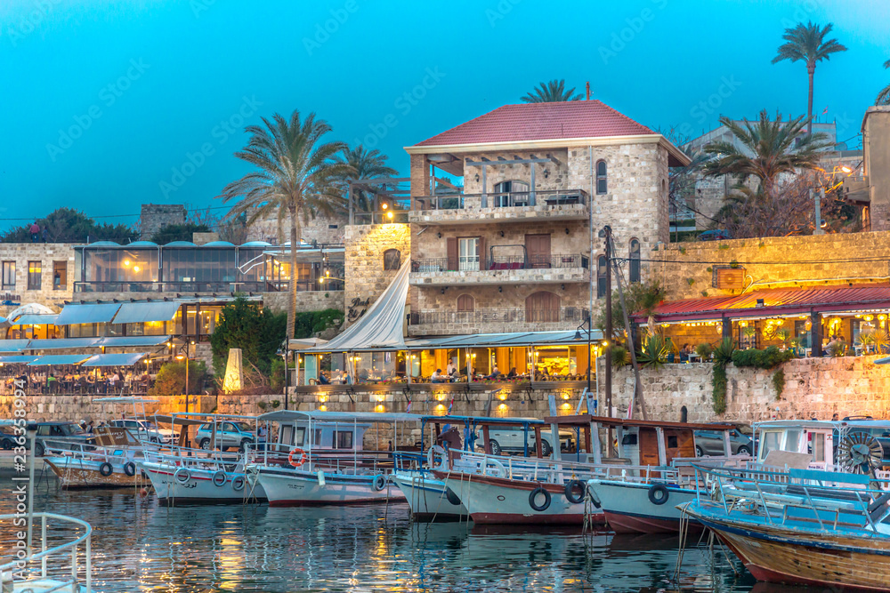 Byblos, Lebanon - Feb 12th 2018 - The touristic area of Byblos with restaurants and boats in Lebanon