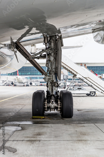 Landing gear on ground, aircraft tires, airplane tires