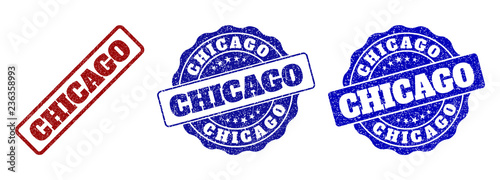 CHICAGO grunge stamp seals in red and blue colors. Vector CHICAGO signs with grunge surface. Graphic elements are rounded rectangles, rosettes, circles and text captions.
