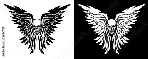 Classic skull and wings vector illustration in both black and white versions