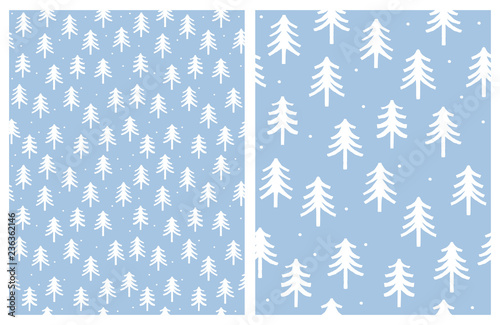 Cute Infantile Style White Christmas Trees Vector Pattern. White and Blue Simple Design. Blue Background. Winter Forest Illustration.