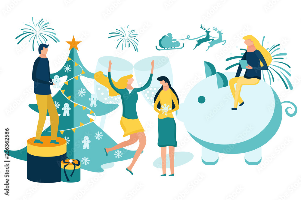 Merry Christmas and Happy New Year. People preparing for and celebrating winter holidays. Vector illustration Merry Christmas and Happy New Year. People preparing for and celebrating winter holidays. Vector illustration