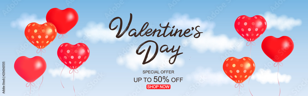 Valentine’s Day sale template with hand lettering text and heart air balloons. Vector illustration. Valentine’s Day poster special offer design. Template for a poster, flyer, banner, background.