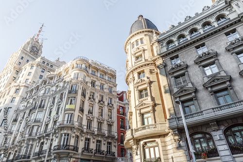 View of beautiful classic and emblematic buildings in the center of Madrid