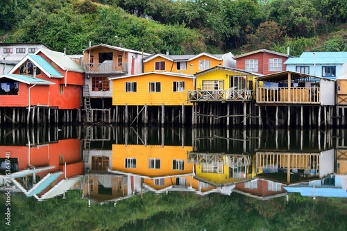 Colorful stilt houses, Castro, island Chiloe, Chile photo