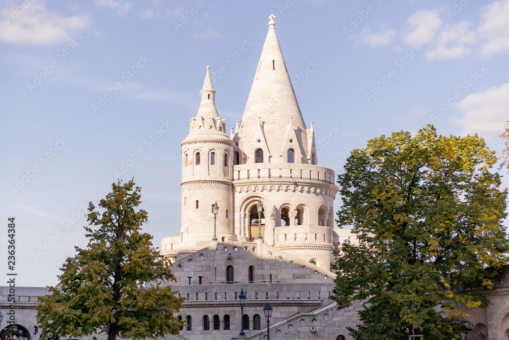 A fairy tale view of the Fisherman's Bastion in autumn time. A popular attraction in Budapest, Hungary. Fisherman's Bastion in Budapest