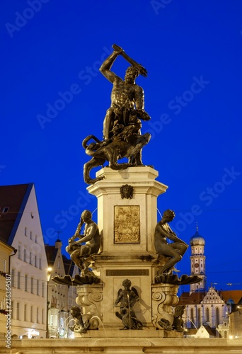 Hercules Fountain, Church St. Ulrich and Afra at the back, dusk, Augsburg, Swabia, Bavaria, Germany, Europe photo