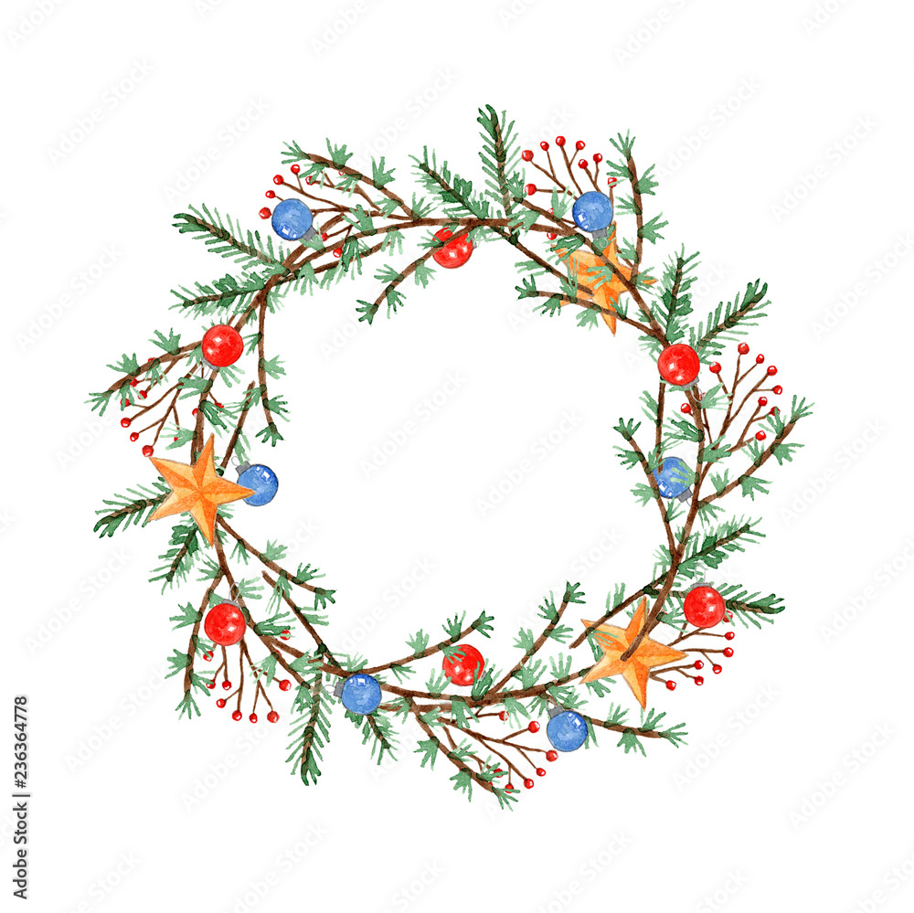 Cute watercolor Christmas wreath with twigs, branches, balls and stars. Bright round garland illustration isolated on white background for New Year decoration, greeting cards design Cute watercolor Christmas wreath with twigs, branches, balls and stars. Bright round garland illustration isolated on white background for New Year decoration, greeting cards design