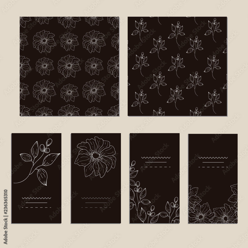 Collection of vector template label, visit cards, square greeting cards and banners with home plants, wild flowers and herbs.Business set of design templates Layout, mockup design for cosmetics.