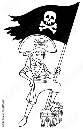 Full length line art illustration of happy boy, smiling while wearing pirate costume during carnival party against white background for copy space.