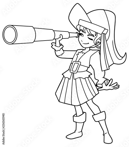Full length line art illustration of happy girl, smiling while wearing pirate costume during carnival party against white background for copy space.