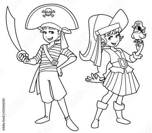 Full length line art illustration of two cute and happy children, boy and girl, smiling while wearing pirate costumes during carnival party against white background for copy space.
